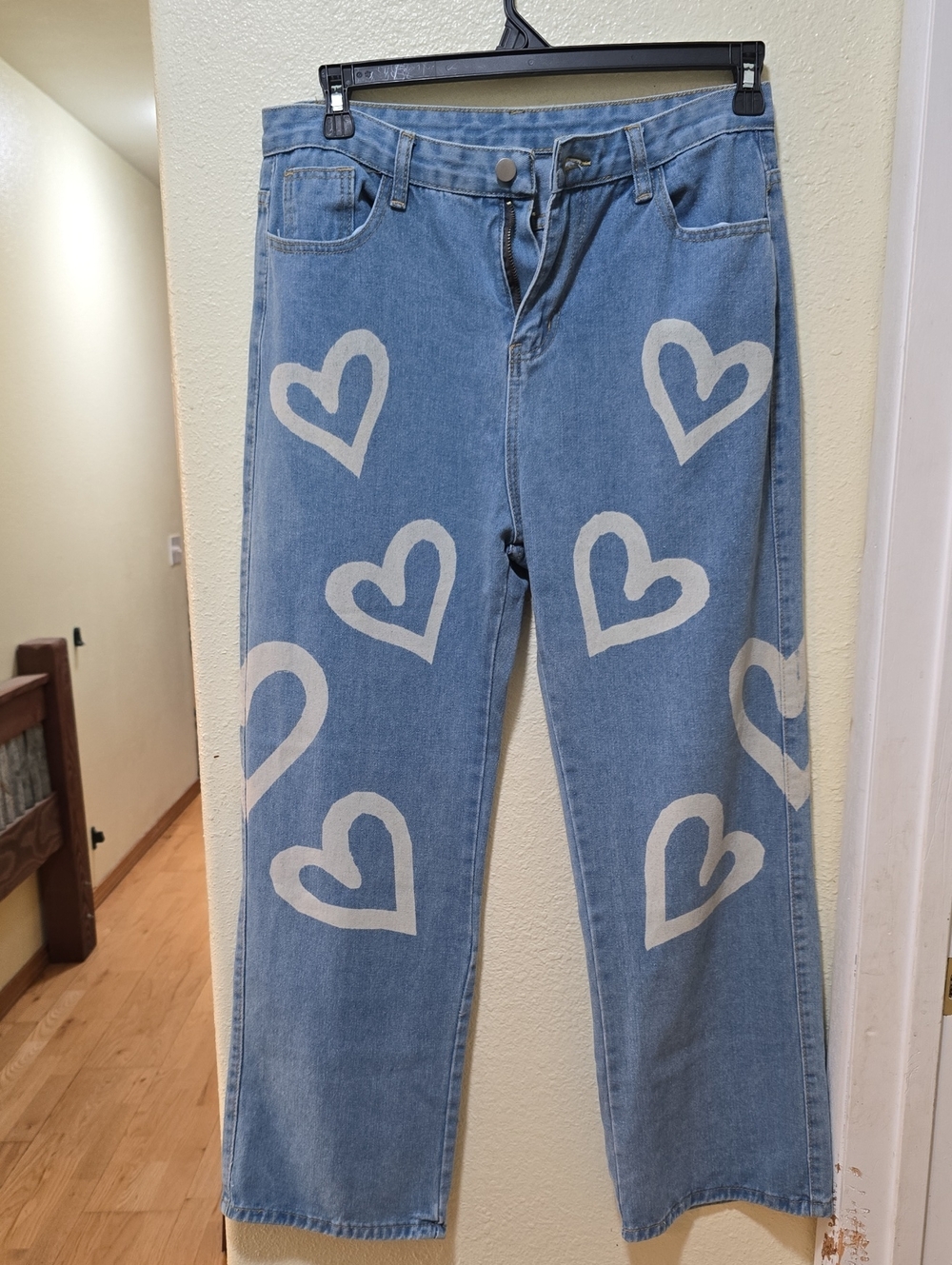 Straight Leg Light Blue Heart-Print Jeans